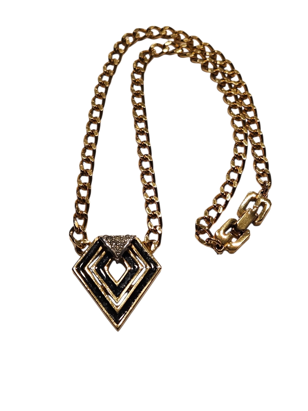1979 Givenchy Vintage Gold Chain Choker Necklace Black Enamel Crystal Pendant - Picture 4 of 16